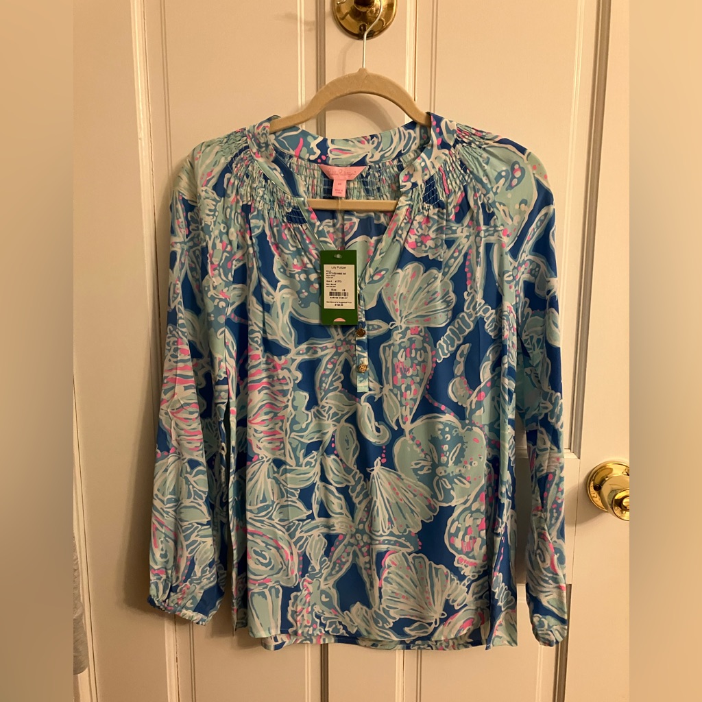 Lilly Pulitzer Elsa Silk Top Bay Blue Into The Deep